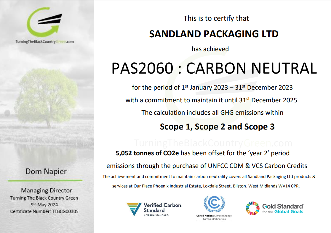 Sandland Packaging Carbon Neutral Certificate