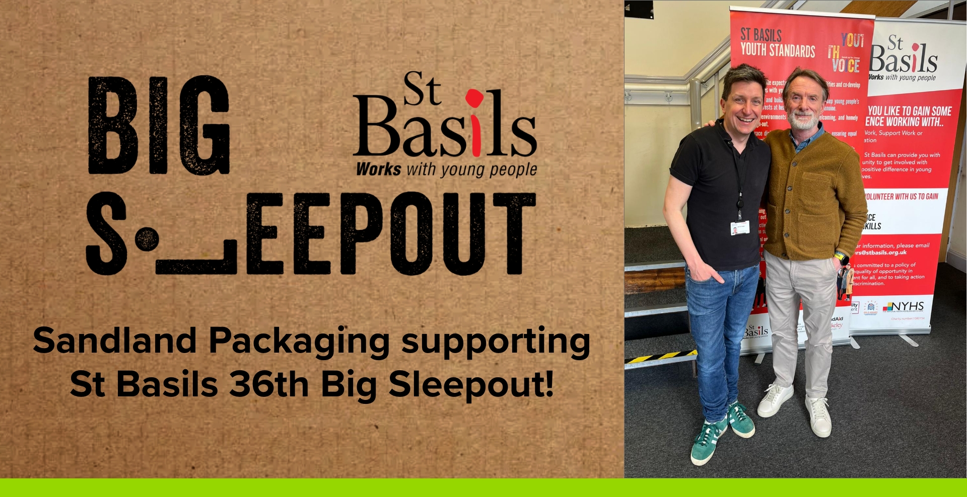 Logo showing St Basils Big Sleepout and two men